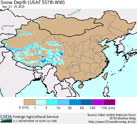 China and Taiwan Snow Depth (USAF 557th WW) Thematic Map For 9/23/2019 - 9/29/2019
