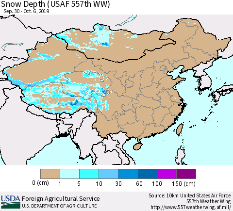 China and Taiwan Snow Depth (USAF 557th WW) Thematic Map For 9/30/2019 - 10/6/2019
