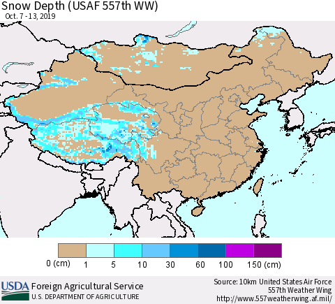 China, Mongolia and Taiwan Snow Depth (USAF 557th WW) Thematic Map For 10/7/2019 - 10/13/2019
