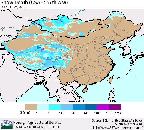 China and Taiwan Snow Depth (USAF 557th WW) Thematic Map For 10/21/2019 - 10/27/2019