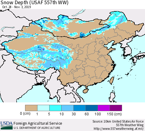 China and Taiwan Snow Depth (USAF 557th WW) Thematic Map For 10/28/2019 - 11/3/2019
