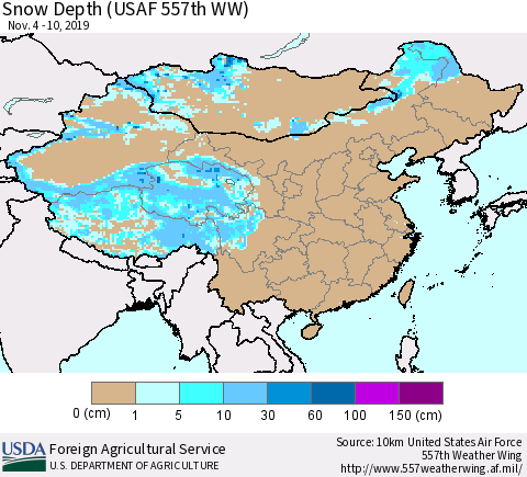 China and Taiwan Snow Depth (USAF 557th WW) Thematic Map For 11/4/2019 - 11/10/2019