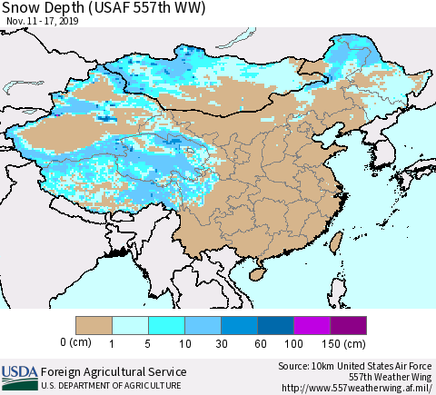 China and Taiwan Snow Depth (USAF 557th WW) Thematic Map For 11/11/2019 - 11/17/2019