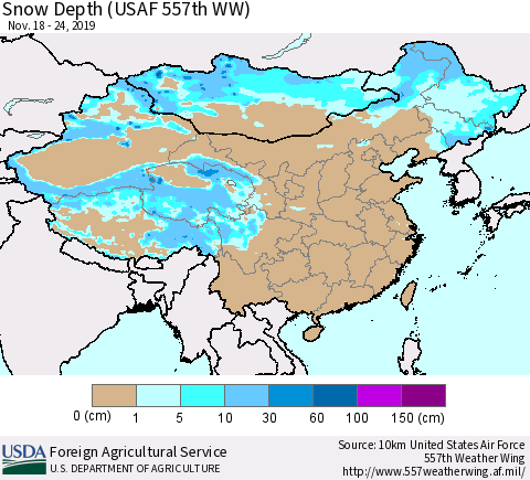 China and Taiwan Snow Depth (USAF 557th WW) Thematic Map For 11/18/2019 - 11/24/2019