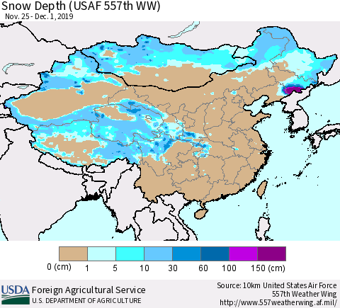 China, Mongolia and Taiwan Snow Depth (USAF 557th WW) Thematic Map For 11/25/2019 - 12/1/2019