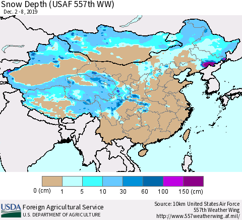 China and Taiwan Snow Depth (USAF 557th WW) Thematic Map For 12/2/2019 - 12/8/2019