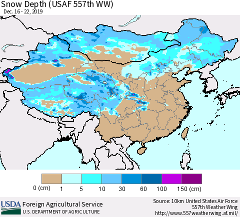China and Taiwan Snow Depth (USAF 557th WW) Thematic Map For 12/16/2019 - 12/22/2019