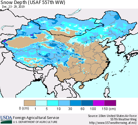 China and Taiwan Snow Depth (USAF 557th WW) Thematic Map For 12/23/2019 - 12/29/2019