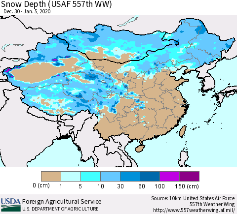 China and Taiwan Snow Depth (USAF 557th WW) Thematic Map For 12/30/2019 - 1/5/2020