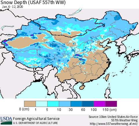 China, Mongolia and Taiwan Snow Depth (USAF 557th WW) Thematic Map For 1/6/2020 - 1/12/2020