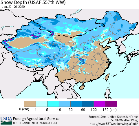 China, Mongolia and Taiwan Snow Depth (USAF 557th WW) Thematic Map For 1/20/2020 - 1/26/2020