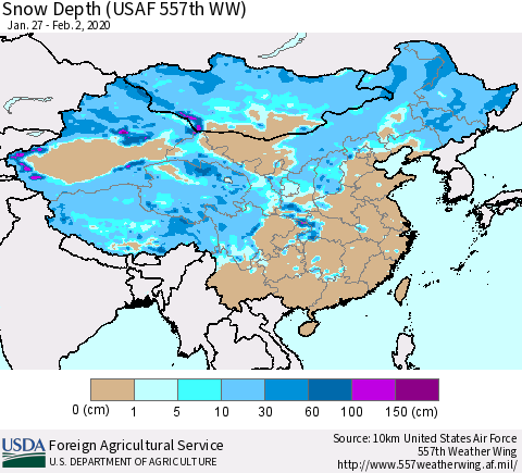 China and Taiwan Snow Depth (USAF 557th WW) Thematic Map For 1/27/2020 - 2/2/2020