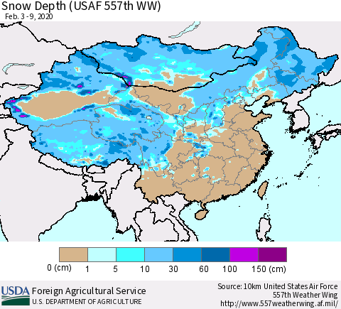 China, Mongolia and Taiwan Snow Depth (USAF 557th WW) Thematic Map For 2/3/2020 - 2/9/2020