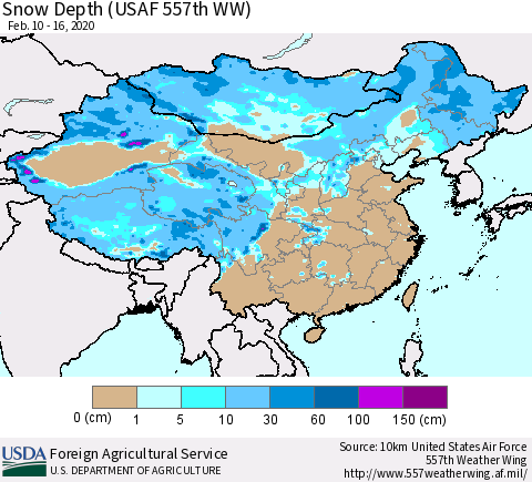 China and Taiwan Snow Depth (USAF 557th WW) Thematic Map For 2/10/2020 - 2/16/2020
