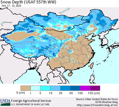 China and Taiwan Snow Depth (USAF 557th WW) Thematic Map For 2/17/2020 - 2/23/2020