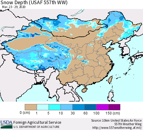 China, Mongolia and Taiwan Snow Depth (USAF 557th WW) Thematic Map For 3/23/2020 - 3/29/2020