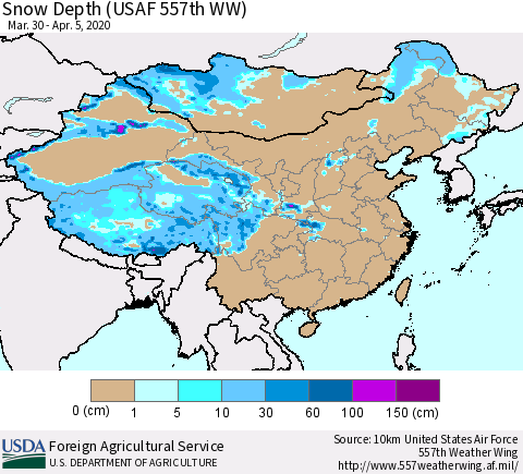 China, Mongolia and Taiwan Snow Depth (USAF 557th WW) Thematic Map For 3/30/2020 - 4/5/2020