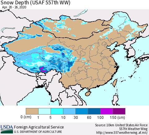 China and Taiwan Snow Depth (USAF 557th WW) Thematic Map For 4/20/2020 - 4/26/2020