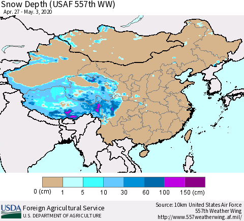 China, Mongolia and Taiwan Snow Depth (USAF 557th WW) Thematic Map For 4/27/2020 - 5/3/2020