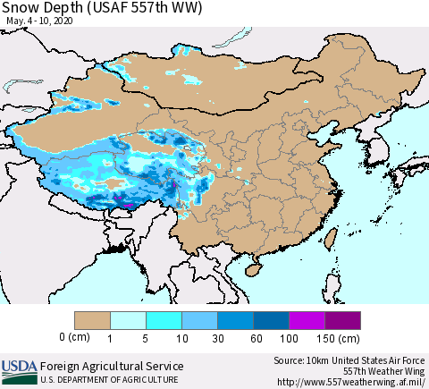 China and Taiwan Snow Depth (USAF 557th WW) Thematic Map For 5/4/2020 - 5/10/2020