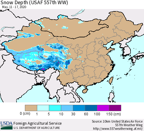 China and Taiwan Snow Depth (USAF 557th WW) Thematic Map For 5/11/2020 - 5/17/2020