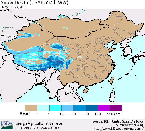 China and Taiwan Snow Depth (USAF 557th WW) Thematic Map For 5/18/2020 - 5/24/2020