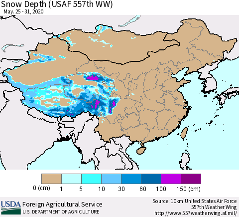 China and Taiwan Snow Depth (USAF 557th WW) Thematic Map For 5/25/2020 - 5/31/2020