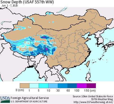 China and Taiwan Snow Depth (USAF 557th WW) Thematic Map For 6/1/2020 - 6/7/2020