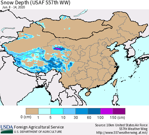China and Taiwan Snow Depth (USAF 557th WW) Thematic Map For 6/8/2020 - 6/14/2020