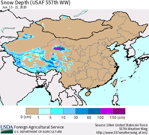 China and Taiwan Snow Depth (USAF 557th WW) Thematic Map For 6/15/2020 - 6/21/2020