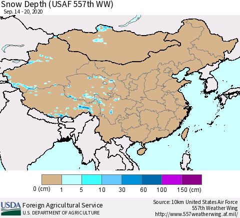 China, Mongolia and Taiwan Snow Depth (USAF 557th WW) Thematic Map For 9/14/2020 - 9/20/2020