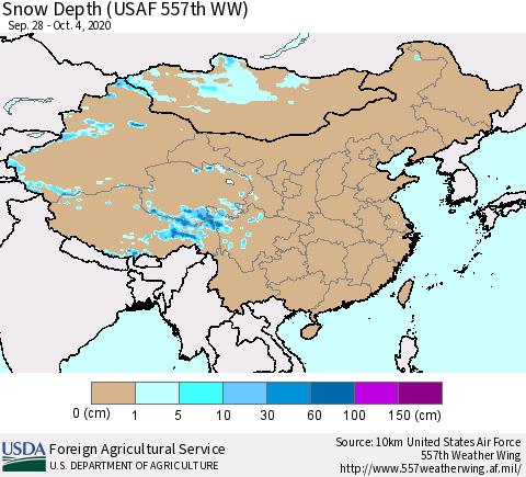 China, Mongolia and Taiwan Snow Depth (USAF 557th WW) Thematic Map For 9/28/2020 - 10/4/2020