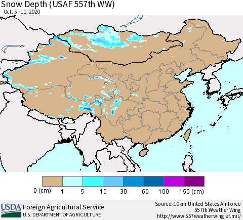 China, Mongolia and Taiwan Snow Depth (USAF 557th WW) Thematic Map For 10/5/2020 - 10/11/2020