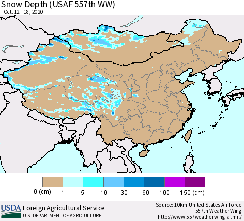 China, Mongolia and Taiwan Snow Depth (USAF 557th WW) Thematic Map For 10/12/2020 - 10/18/2020
