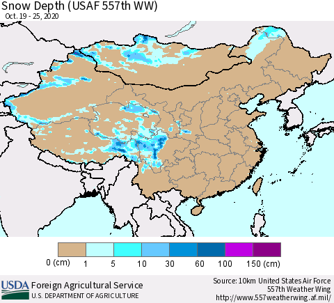 China, Mongolia and Taiwan Snow Depth (USAF 557th WW) Thematic Map For 10/19/2020 - 10/25/2020