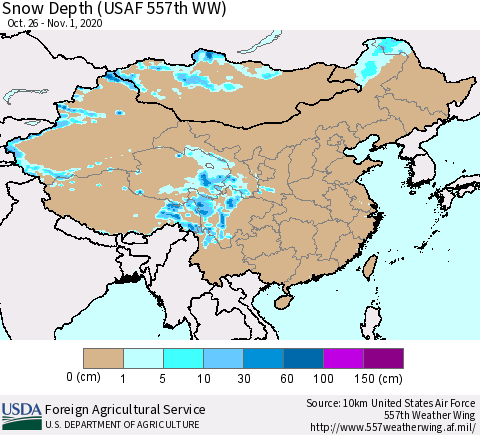 China, Mongolia and Taiwan Snow Depth (USAF 557th WW) Thematic Map For 10/26/2020 - 11/1/2020