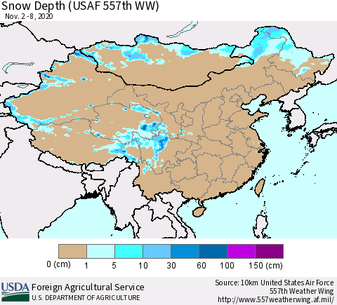 China, Mongolia and Taiwan Snow Depth (USAF 557th WW) Thematic Map For 11/2/2020 - 11/8/2020