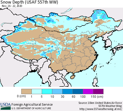 China, Mongolia and Taiwan Snow Depth (USAF 557th WW) Thematic Map For 11/16/2020 - 11/22/2020