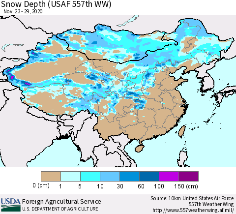 China, Mongolia and Taiwan Snow Depth (USAF 557th WW) Thematic Map For 11/23/2020 - 11/29/2020