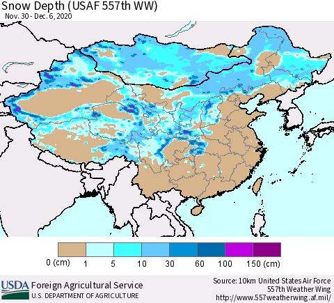 China, Mongolia and Taiwan Snow Depth (USAF 557th WW) Thematic Map For 11/30/2020 - 12/6/2020