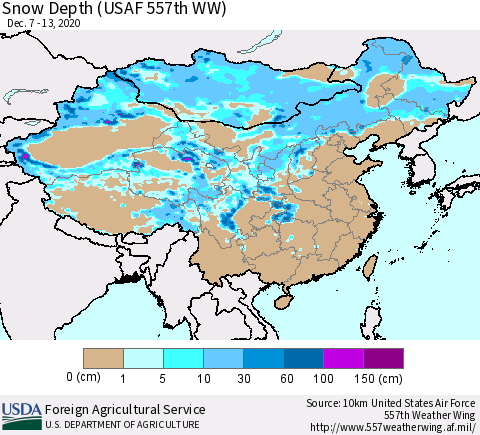 China, Mongolia and Taiwan Snow Depth (USAF 557th WW) Thematic Map For 12/7/2020 - 12/13/2020