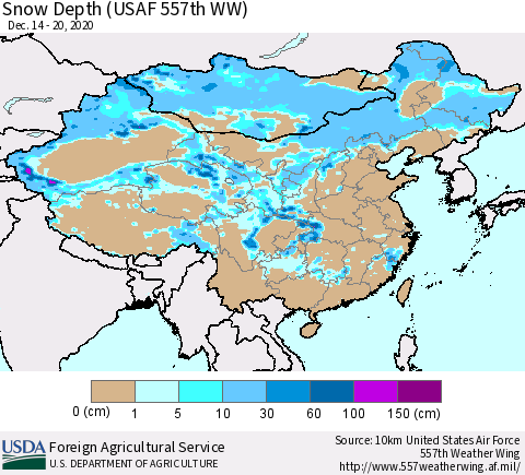 China, Mongolia and Taiwan Snow Depth (USAF 557th WW) Thematic Map For 12/14/2020 - 12/20/2020