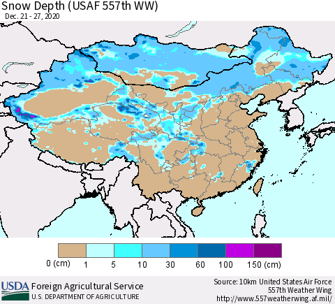 China, Mongolia and Taiwan Snow Depth (USAF 557th WW) Thematic Map For 12/21/2020 - 12/27/2020
