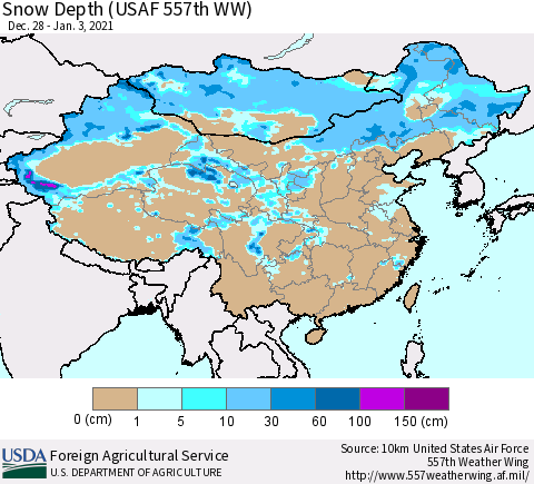 China, Mongolia and Taiwan Snow Depth (USAF 557th WW) Thematic Map For 12/28/2020 - 1/3/2021