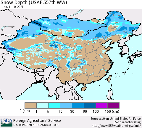 China, Mongolia and Taiwan Snow Depth (USAF 557th WW) Thematic Map For 1/4/2021 - 1/10/2021