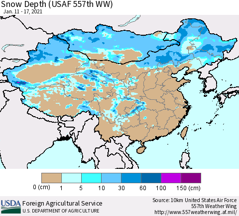 China, Mongolia and Taiwan Snow Depth (USAF 557th WW) Thematic Map For 1/11/2021 - 1/17/2021