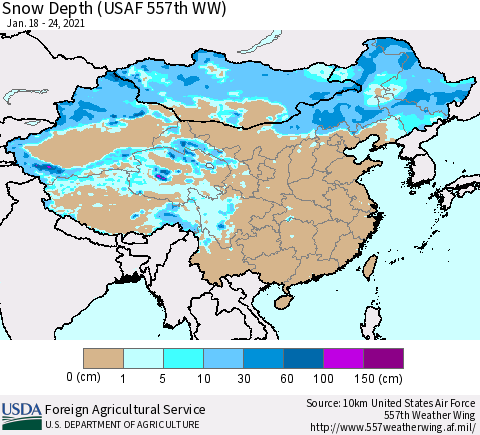 China, Mongolia and Taiwan Snow Depth (USAF 557th WW) Thematic Map For 1/18/2021 - 1/24/2021