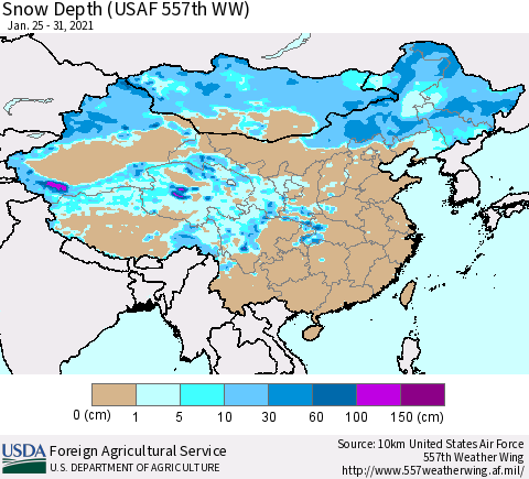 China, Mongolia and Taiwan Snow Depth (USAF 557th WW) Thematic Map For 1/25/2021 - 1/31/2021
