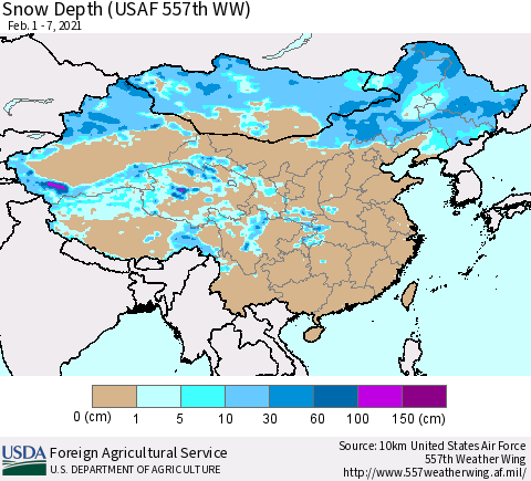 China, Mongolia and Taiwan Snow Depth (USAF 557th WW) Thematic Map For 2/1/2021 - 2/7/2021