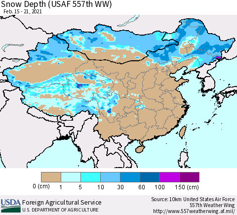 China, Mongolia and Taiwan Snow Depth (USAF 557th WW) Thematic Map For 2/15/2021 - 2/21/2021